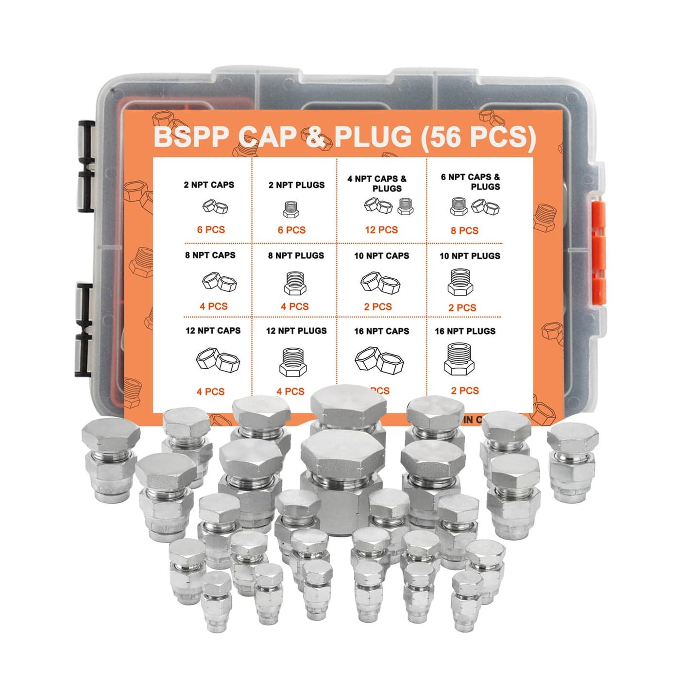 56 Pcs BSPP Plug Kit Hose Tube and Pipe Set Hydraulic Plug Kit Galvanized 45 Steel with Precision Threading Dash Sizes0204 06081216