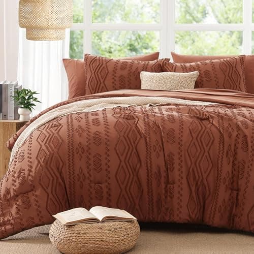 AMBERSPACE Queen Comforter Set Autumn Leaf, Tufted Boho Bedding Farmhouse Bed Set, All Season 7 Pieces Bed in a Bag with Sheets, Pillowcases & Shams