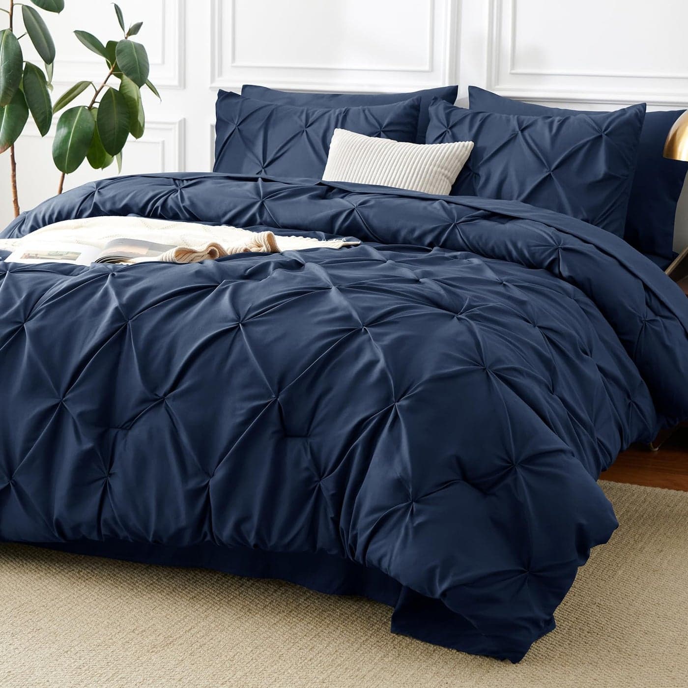 CozyLux Full Size Comforter Sets Navy Blue 7 Pieces Pintuck Bed in A Bag Blue Comforter Full Size Pinch Pleat Bedding Sets with All Season Comforter Sheets Pillowcases Shams