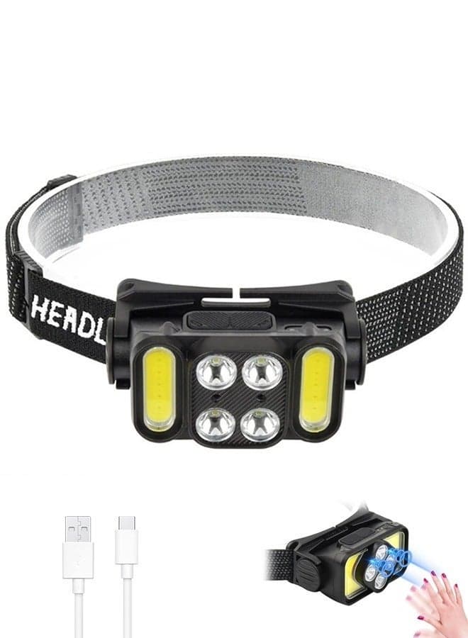 Rechargeable Headlamp 1000 Lumen Super Bright, Motion Sensor LED Head Lamp IPX4 Waterproof, 4 Modes for Night Walking, Running, Hiking, Camping, with Type-C Cable (Black)