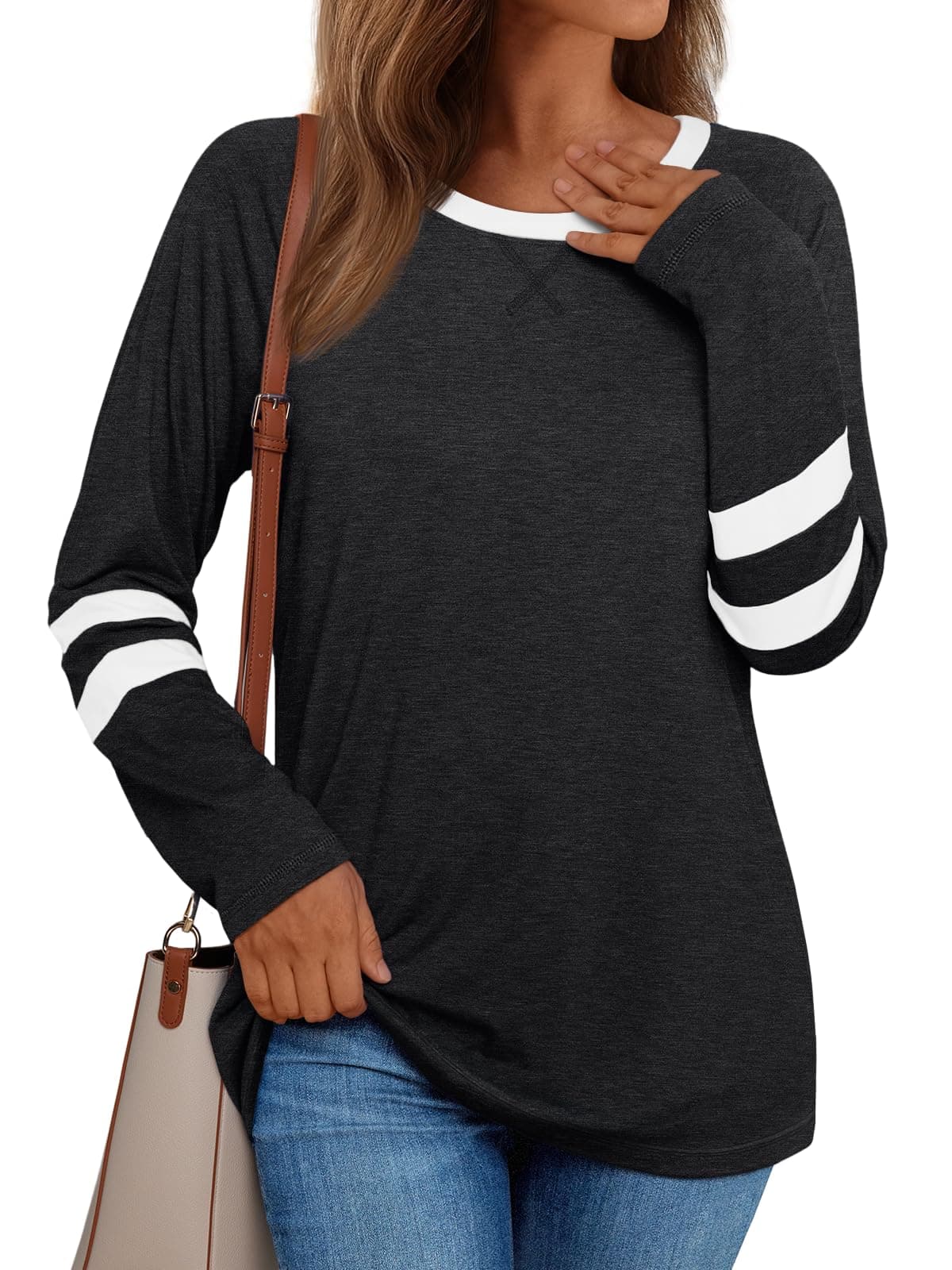 AUTOMET Womens Long Sleeve Shirts Color Block Casual Dressy Tops Business Tshirt Blouse Basic Tee Fall Fashion Clothes Trendy Outfits 2025 Black S