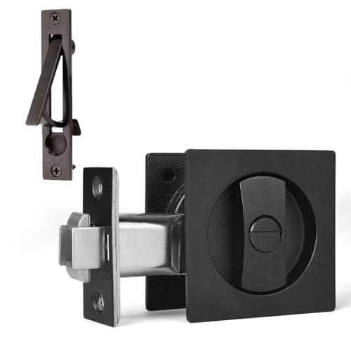 Dontay Pocket Door Privacy Lock, Flush Handles, 2-3/8" Backset, (Bed/Bath) Latch, Recessed Knob, Hardware for 1 3/8” to 2 3/16” Thickness Door (Including Edge Pull, Matte Black, Square - 1 Pack)