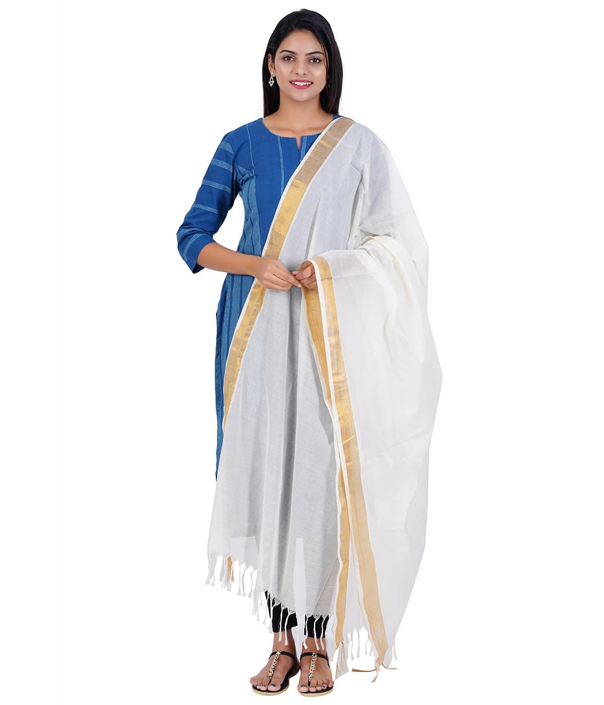 Fashily Women's Off White Cotton Dupatta (Gold 2 Inch Border)