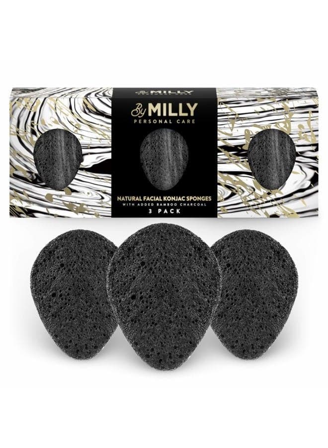 Konjac Sponge for Face | All Natural and Reusable | Konjac Facial Sponge with Activated Bamboo Charcoal | Gentle Exfoliating Sponge for Face | Cleaning for All Skin Types | Biodegradable - Black, 3pcs
