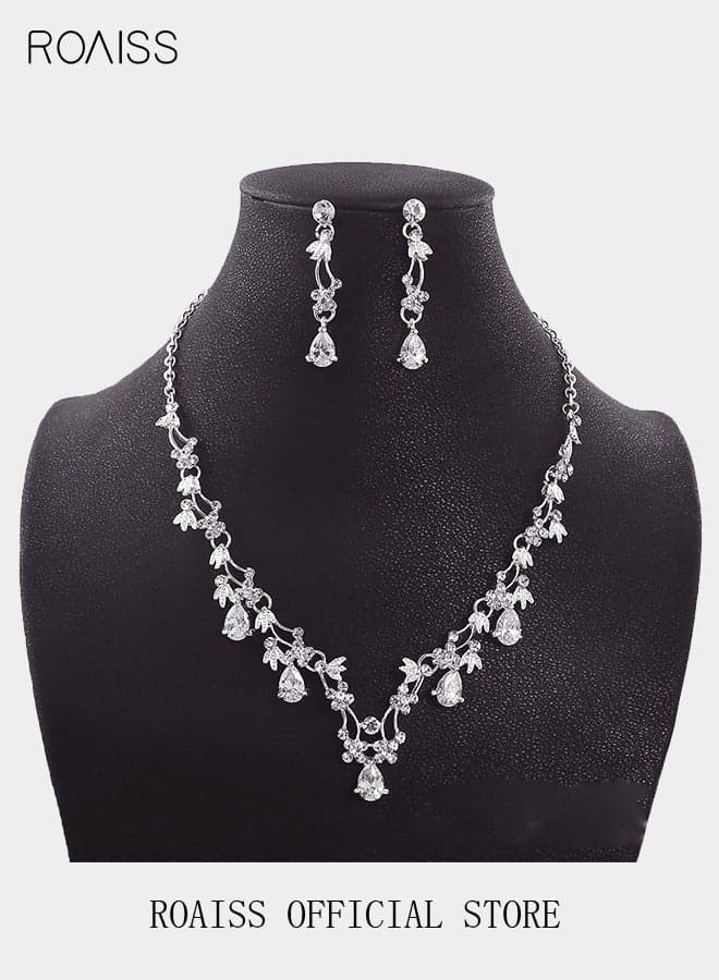 3 Pcs Rhinestone Jewellery Sets Necklace Earrings Set Drop-shaped Pendant Chain Ear Dangle Bridal Evening Dress Accessories for Women Silver/Clear