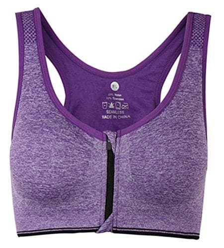 Women's Zipper Front Closure Sports Bra Racerback Yoga Bras (XXL 40C 40D 42B 42C, Purple)