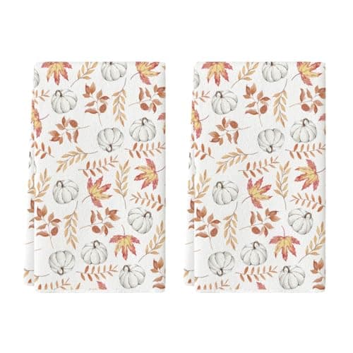 Artoid Mode Orange Leaves Pumpkin Fall Kitchen Towels Dish Towels, 18x26 Inch Farmhouse Decoration Hand Towels Set of 2