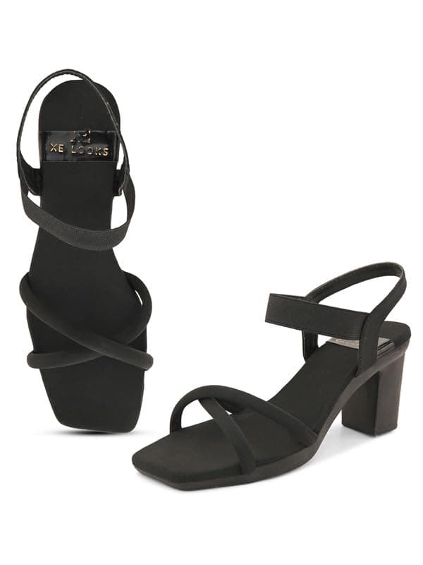 XE Looks Women's Black Stylish Sandals | Block Heel Sandals with Sleek Strap Design | Soft Cushioned Footbed | Durable & Lightweight Sandals For Girls & Women
