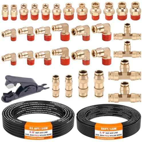 CheeMuii 32 Pcs Brass DOT Air Line Fittings With 50 FT 1/4" and 32.8 FT 3/8" DOT Air Lines Kit 3/8" 1/2" NPT Thread & Quick Connect Fittings for Semi Truck Trailer or Industrial Air System