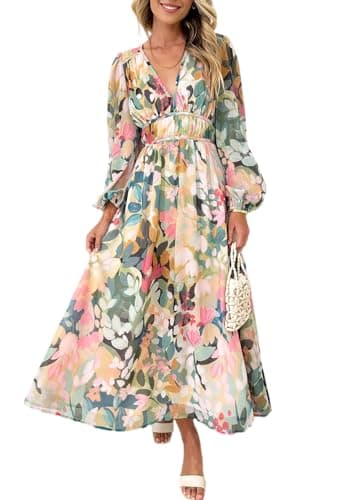 Maxigerui Women's Long Sleeve Floral Maxi Dress Summer Wedding Guest Dress Green Floral M