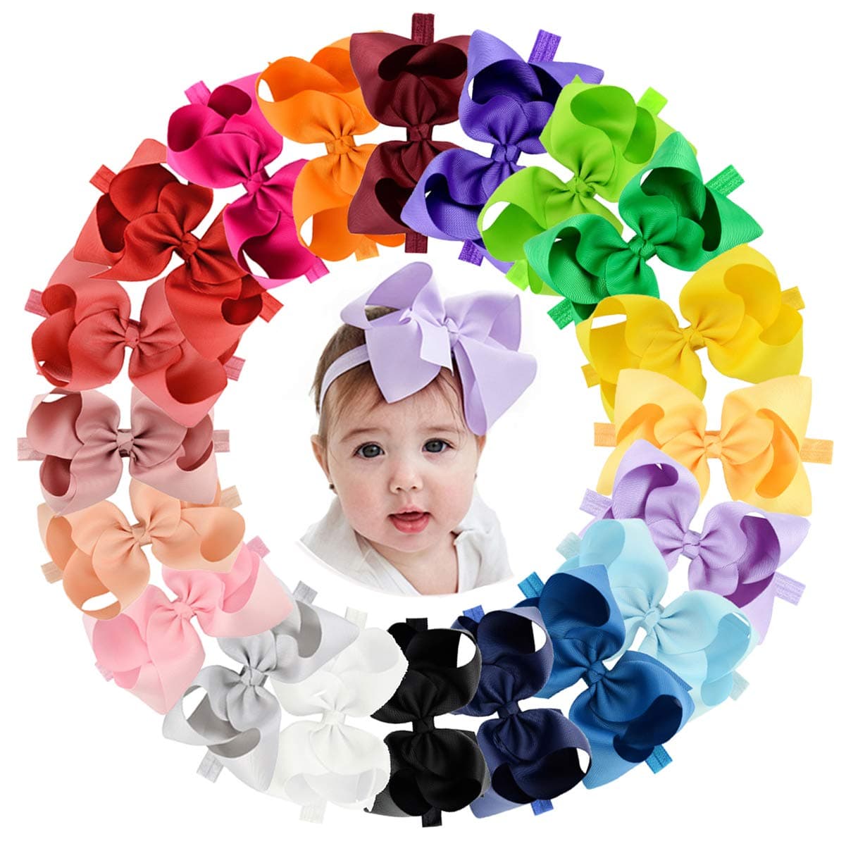 jollybows 20pcs Baby Girls Grosgrain Ribbon Hair Bows Headbands 6 Elastic Hair Band Hair Accessories for Infants Newborn Multicoloured 6 Bows Elastic Headband