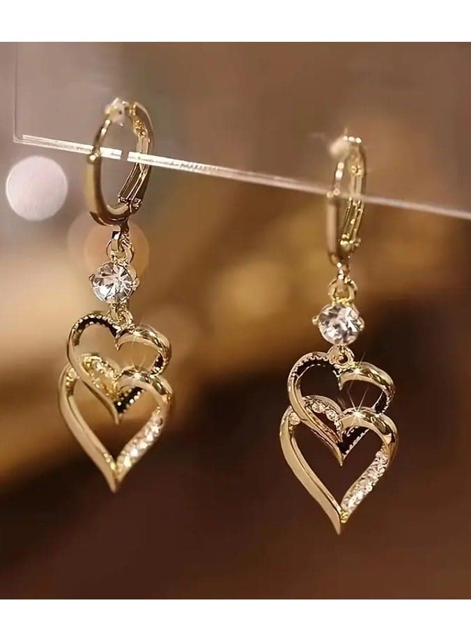 1 Pair Double-layer Artificial Diamond Love Heart Earrings, Cool Party Jewelry, Valentine's Day Gifts For Women Mom Family Friends