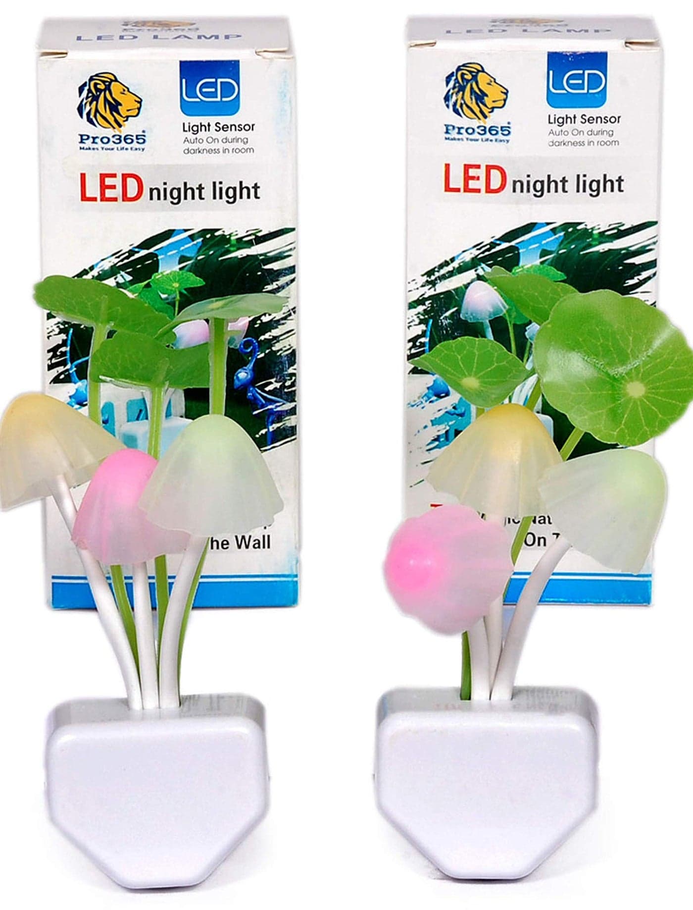 Pro365 Led Night Lamp Soft Light Illumination Auto On/Off, Mushroom Lamp (Pro Ldr Sensor, 6 Months Warranty) 2 Pack - Plastic, Multicolor