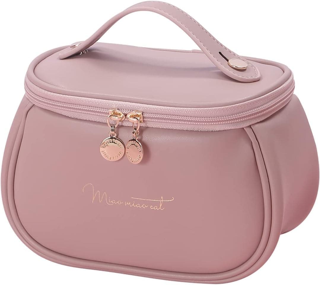 BUYORY Makeup Organiser for Women & Girls, Travel Makeup Bag, Leather Makeup Bag, Cosmetic Travel Bags, Portable Leather Toiletry Bag, Large Zipper Travel Organiser (Pink - P)