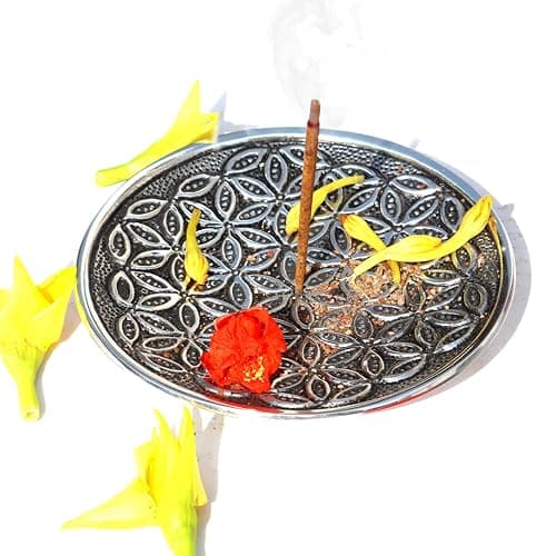 Pure Source India Aluminium Incense Holder for Pooja, Agarbatti & Dhoop Stand with Ash Catcher, Cycle of Life Engraved Decorative Burner Plate for Home Décor, Meditation & Gifting (23.5 cm)