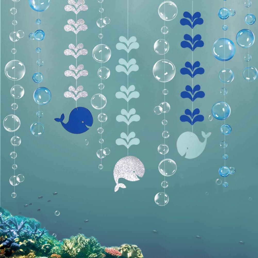 Decor365 Blue Whale Bubble Garland Baby Boy Shower Ocean Theme Party Decorations Under The Sea Kids Birthday Banner Marine Whale Party Streamers Beach Nautical Party Decor