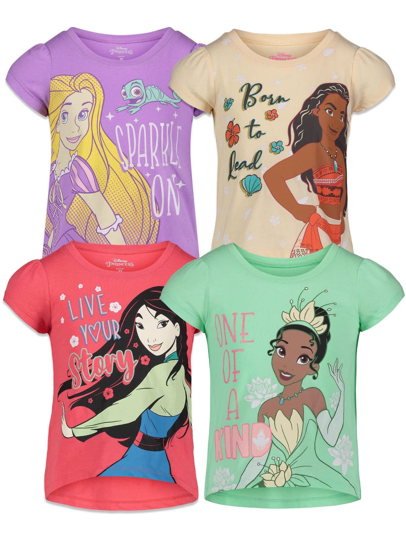 Princess Mulan Tiana Rapunzel Moana Toddler Girls 4 Pack T-Shirts 4T