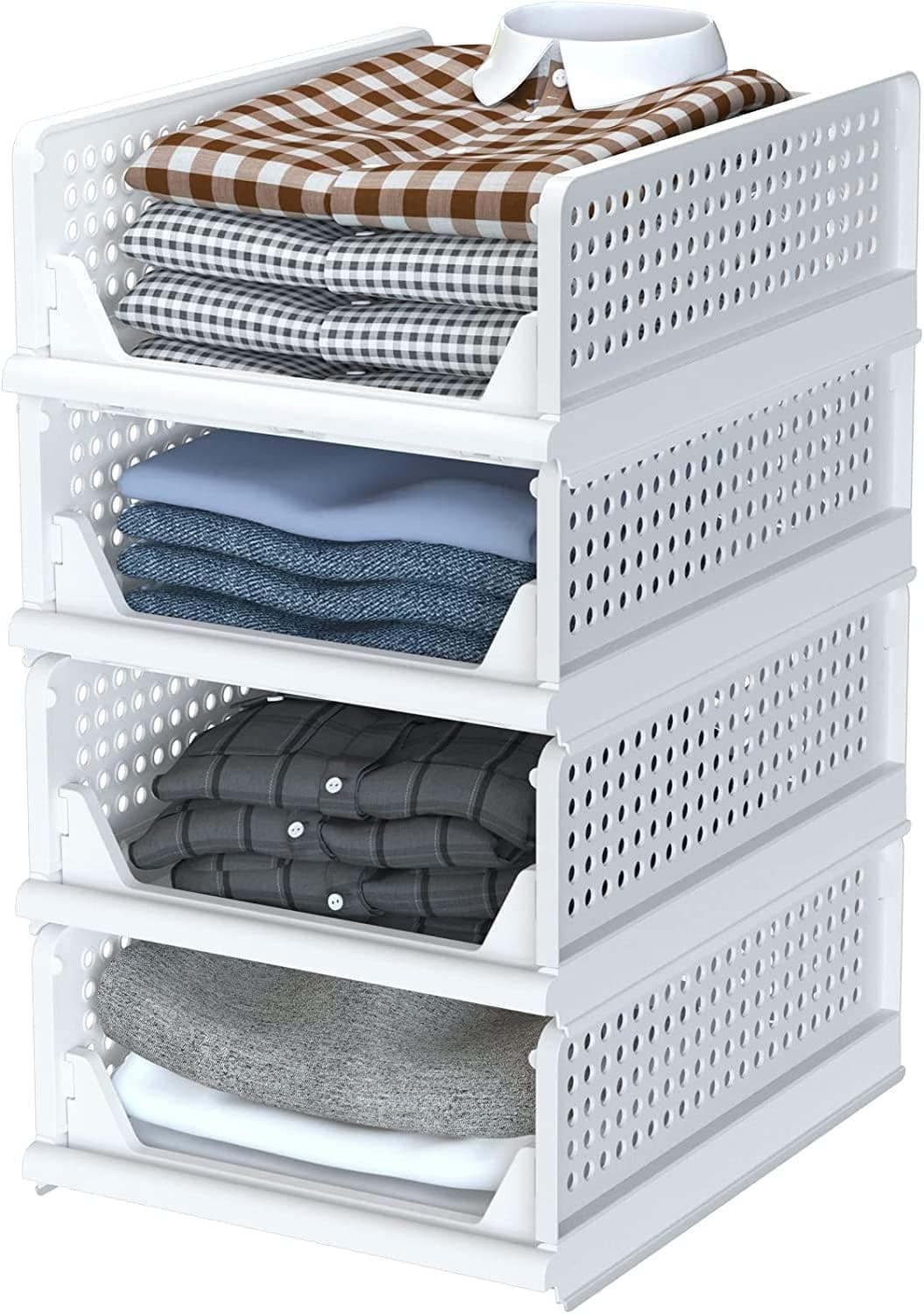JHEPCOIN 4 Pieces Clothes Organizer For Wardrobe Cupboard Organizer For Clothes Foldable Stackable Closet Drawer Organizer For Clothes Almirah Space Organizer Pack Of 4 Large White