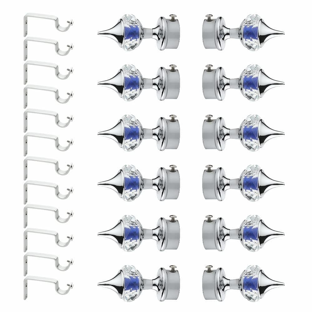 Gloxy Enterprise Aluminum Single Diamond Curtain Brackets Parda Holders With Support Fittings 1 Inch Rod Pocket Finials Designer Door And WindowDark Blue 6 Pair Blackout