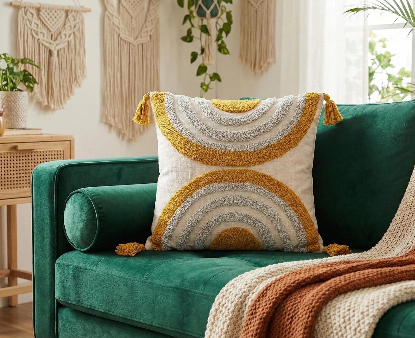 Furnistitchs Handmade Cotton Bohemian Home Decor Cushion Cover 24x24 inches / 60x60 cms - Boho Chic Couch Sofa Throw Living Room Bedroom Cushions (1, Cream Arcs)
