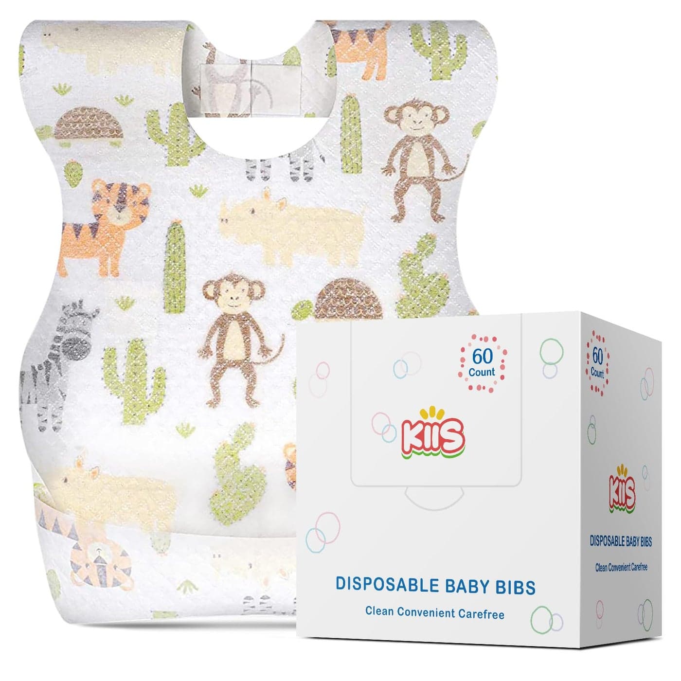 KIIS Disposable Baby Bibs for Baby Boys and Girls - Individually Packaged - Hygienic, Soft and Leakproof Baby Bibs (60 PCS) (Animal)