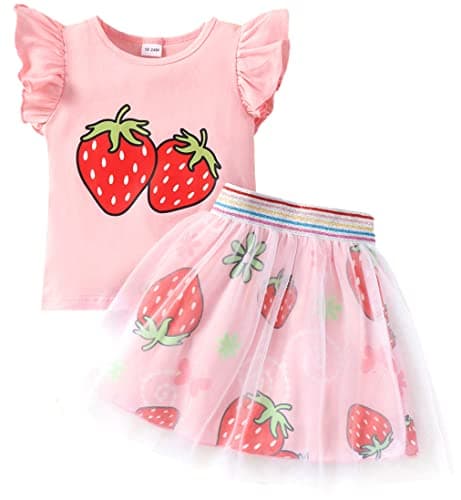 RETSUGO Girls Skirt and Top Set Flutter Sleeve Strawberry Shirt Tulle Skirts Set Kids Tutu Dress Toddler 2PC Fruit Print School Outfits 23 Yeras