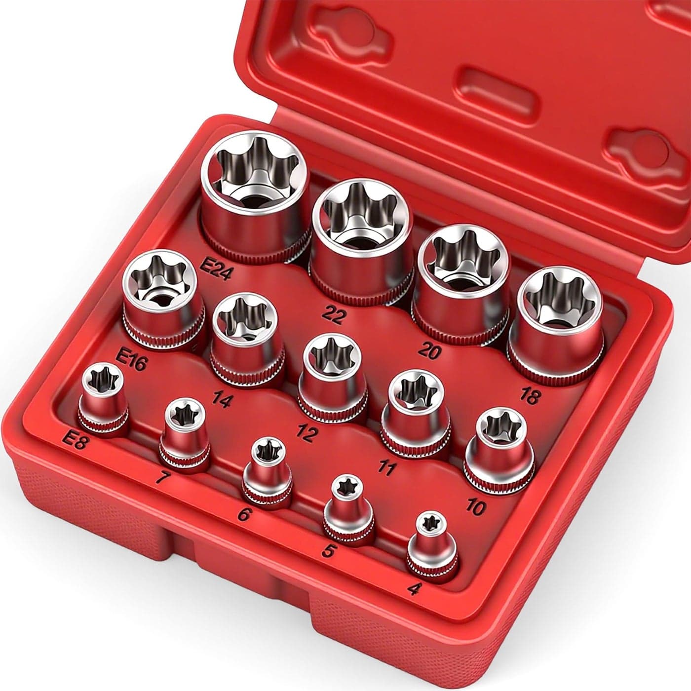 SEDY 14Piece ETORX Socket Set Premium Female Torx Socket Set Ultimate Torque Star Sockets External Torx Sockets E4 E5 E6 E7 E8 E10 E11 E12 E14 E16 E18 E20 E22 E24