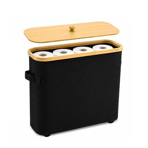 Premium Waterproof Toilet Paper Storage Box with Bamboo Lid - Fits 9 Mega Rolls, 900D Heavy-Duty Fabric Bathroom Organizer Bin with Elevated Base & Handles for Narrow Spaces (17.3"x 6.9"x 15.5")