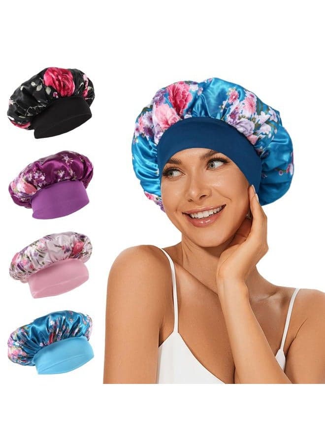 4Pcs Satin Bonnet Silk Bonnet, Hair Bonnet for Sleeping, Elastic Wide Band Silk Sleep Cap, Soft and Breathable Silk Hair Wrap for Sleeping (Black Purple Pink Blue)