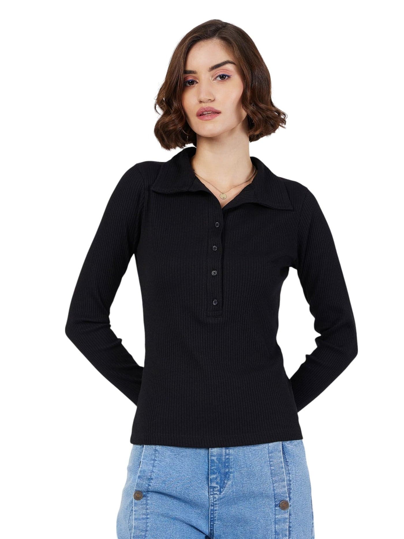 Black Rib Polo Neck Full Sleeves Top