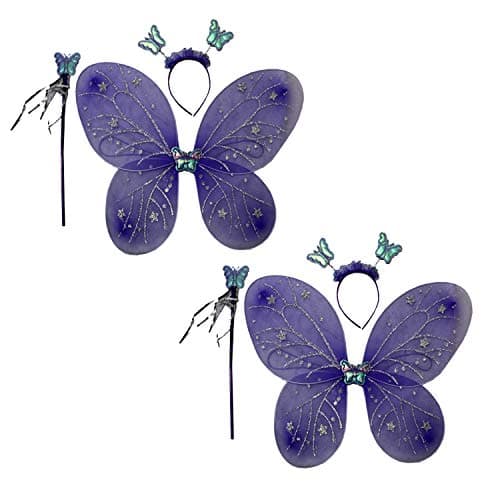 Kaku Fancy Dresses Net,Polyester Purple Butterfly Wings with Hairband and Wand Stick for Girls - Pack of 2