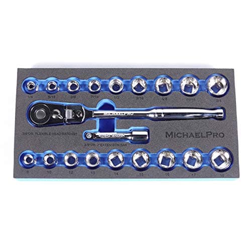 MichaelPro MP001001 38 inch Drive Socket Wrench Set 20piece 12Point Socket in SAE Metric SizeWith Reversible and Flexible Low Profile Ratchet Wrench Handle Extension Bar and EVA Tray Red