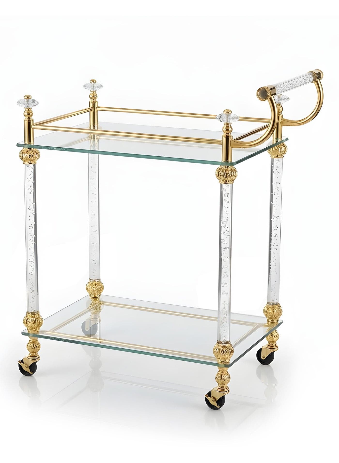 Luxury Gold 2-Tier Bar Cart with Tempered Glass Shelves – 68x42x89 cm Rolling Serving Trolley with Crystal Details – Elegant Multi-Purpose Food Storage Trolley