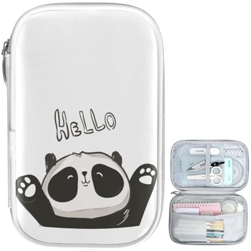 ZZKKO Cute Cartoon Panda Hello Pencil Bag Case Zipper Pencil Holder Organizer Stationary Pen Bag Cosmetic Makeup Bag Pouch Purse for School Office Supplies White
