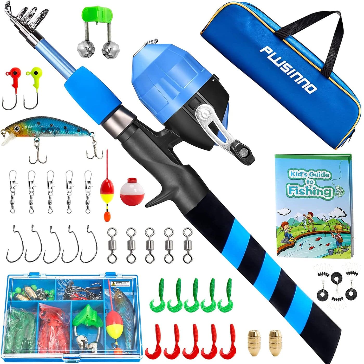 PLUSINNO Kids Fishing Pole, Portable Telescopic Fishing Rod and Reel Combo Kit - with Spincast Fishing Reel Tackle Box for Boys, Girls, Youth (Blue, 1.2M 3.94Ft)