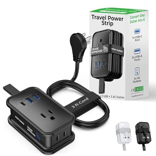 Travel Charger for Multiple Devices, Flat Plug Power Strip 3ft Adapter Extension Cord, 3 AC Outlets, 2 USB & 1 Fast Charging USB-C, No Surge Cruise Approved, Portable Power Strip