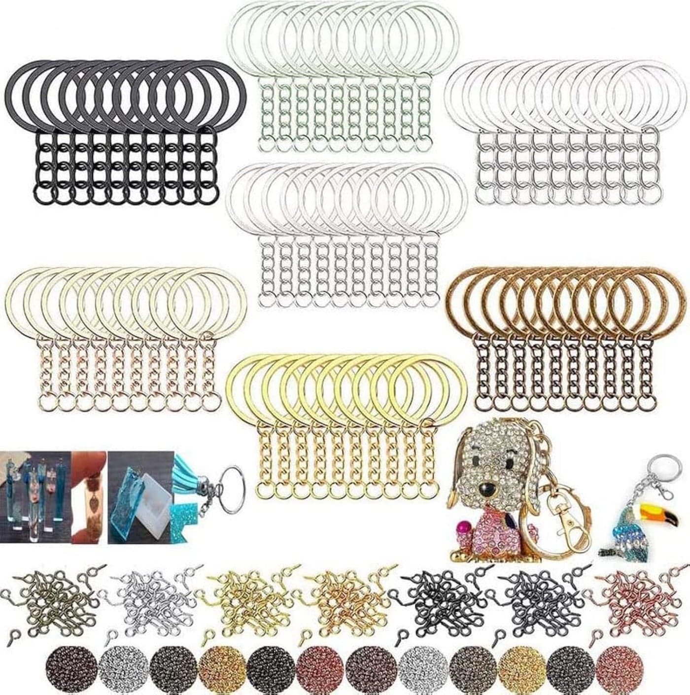 DIY Crafts 50 Pcs, Antique Gold, Split Key Ring with Chain Set, Metal Flat Keychain Rings 1 Inch with Open Jump Rings and Screw Eye Pins Bulk, Colors Choice, fo (50 Pcs, Antique Gold)