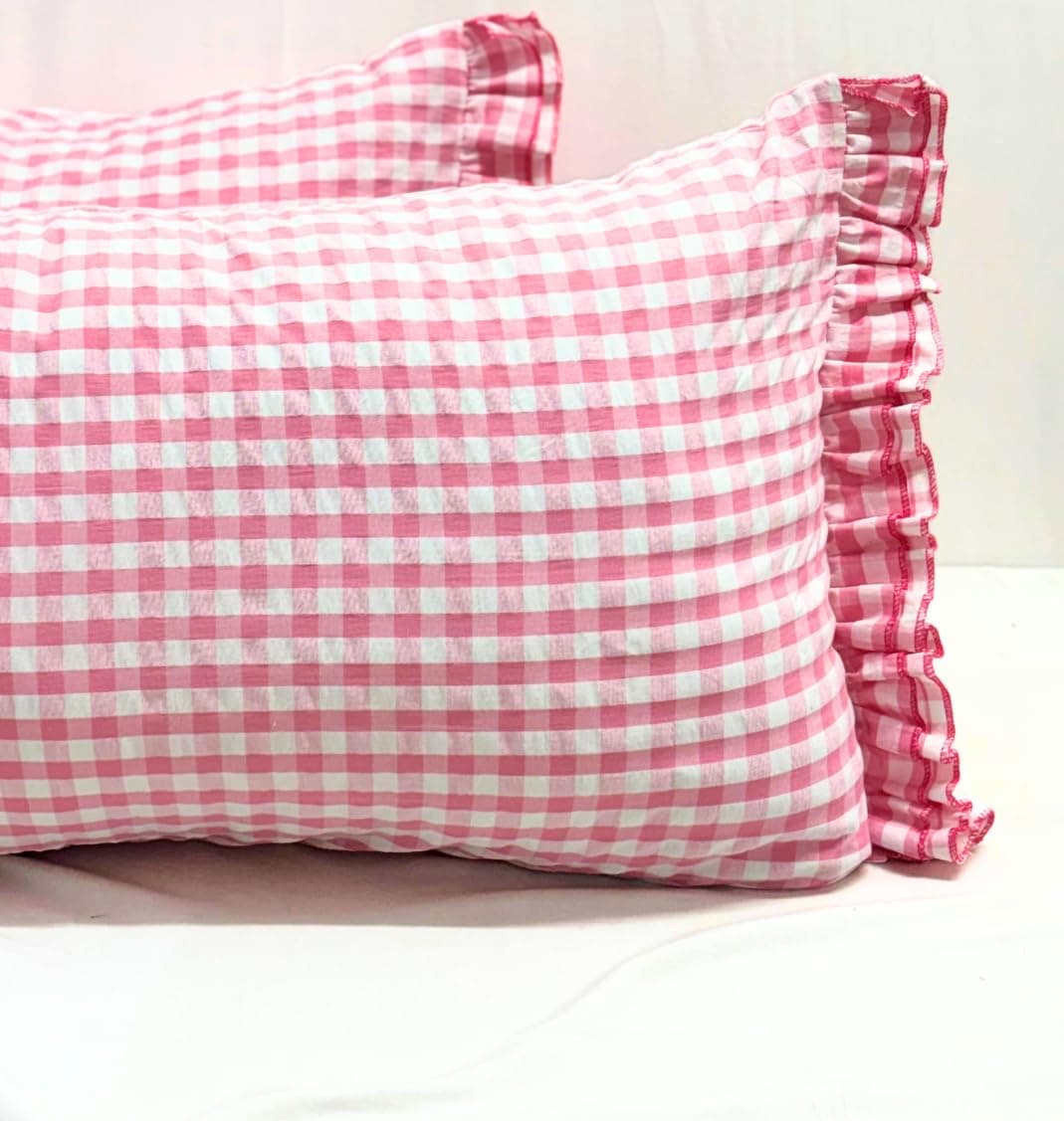 Sleepy Threads Pink Pillow Cover Reactangle Shape Checkered Pattern with Frills Ruffles Ultra Soft Regular Pillow Cases 27 x 18 inches