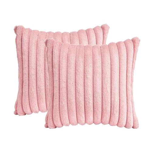 GriNeed Throw Pillow Covers Decorative Faux Fur Set of 2 18x18 Inch Pillow Covers Soft Pink Striped Pillowcases for Couch Sofa Bed Living Room Fluffy Cute Home Boho Accent Fuzzy Decor