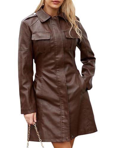 SOMTHRON Women's Mid Length Faux PU Leather Trench Coat Long Sleeve Zip Up Lapel Long Jacket Overcoat with Belt CO-XL