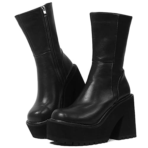 AMINUGAL Womens Wedge Heel Ankle Boots Platform Zipper Punk Motorcycle Booties Chunky Block High Heel Round Toe Fashion Work Combat Boots Mid Calf For Women