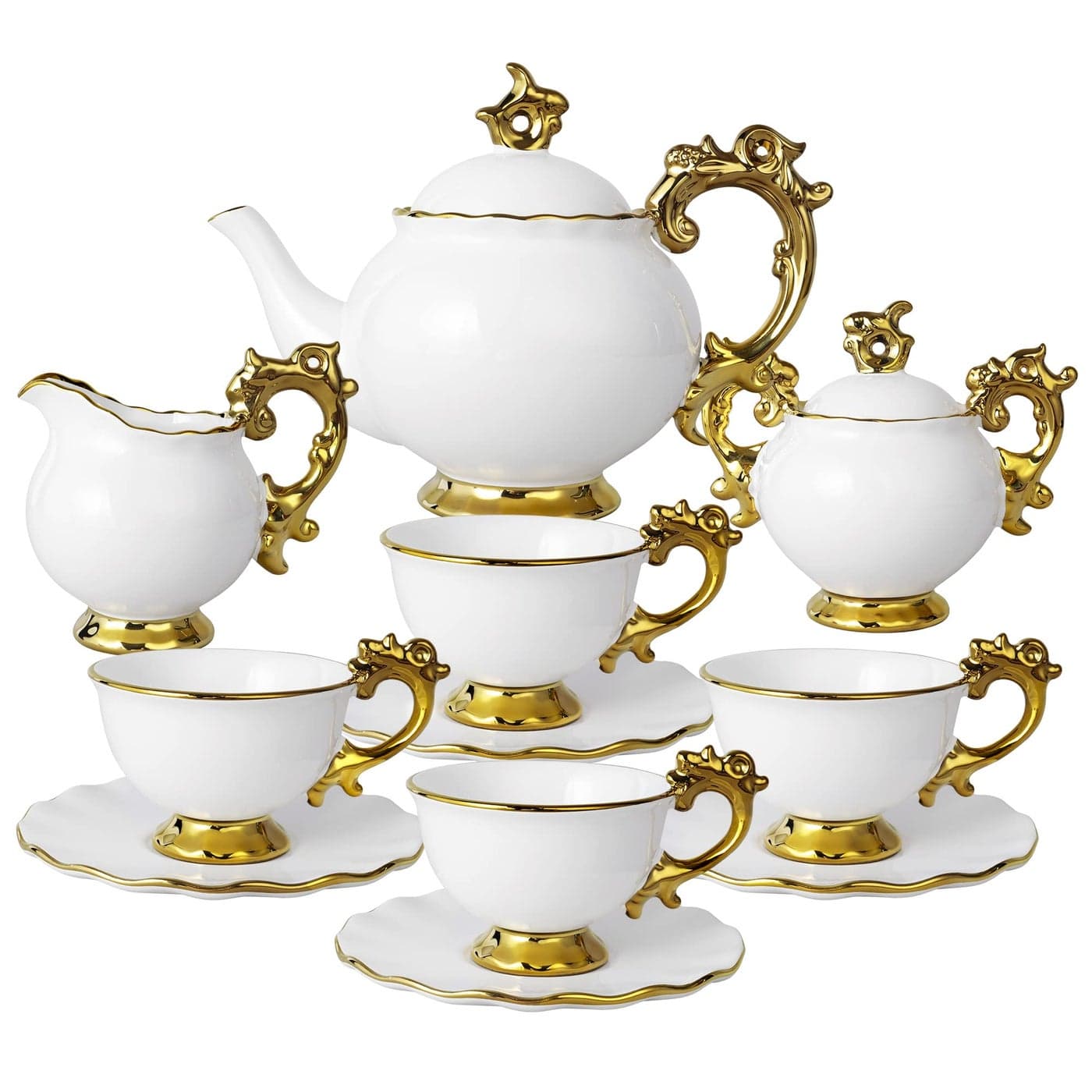 fanquare 15 Piece Vintage Porcelain Tea Set for 6 White Large Tea Cups Set Tea Party Set for Adults