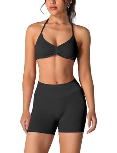 ABOCIW Black Workout Sets Women 2 Piece Seamless Strappy Halter Sports Bra Scrunch Butt Lifting Shorts Active Wear Yoga Outfits #1 Black X-Large