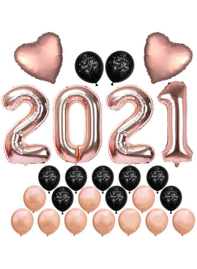 26 Pcs Happy New Year Rose Gold Number Foil Balloon 2021 40 Inch | Happy New Year Decorations Rose Gold And Black Latex Balloons 12 Inch | Heart Foil Balloons Rose Gold 18 Inch