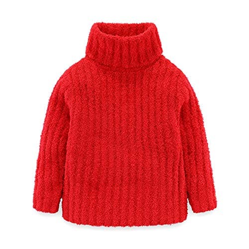 Mud Kingdom Fuzzy Sweater for Toddler Girls Chenille Turtleneck Plain Pullover Knitted Thermal Outwear Winter Red 2T