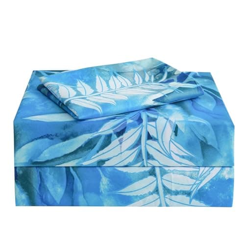 JSD Teal Blue Tropical Leaves Sheet Set Twin Size, 3 Piece Printed Microfiber Sheets Extra Deep Pocket Wrinkle Free