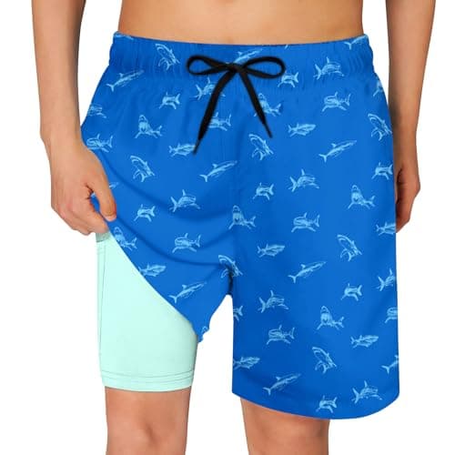 Cozople Teen Boys Swim Trunks with Compression LNER Novelty Shark Graphic Bathing Suit Swimwear Stretchy No Chafe Swimming Beach Board Shorts for Casual Swimwear with Pockets