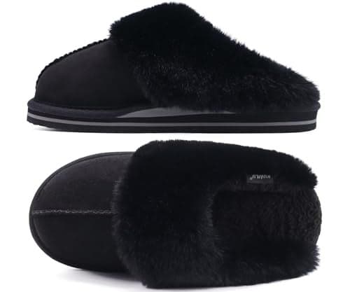 KuaiLu Womens Cozy Memory Foam Slippers Ladies Fuzzy Faux Fur Lined Warm Arch Support House Shoes Slip on Comfy Winter Scuff Indoor Outdoor Rubber Hard Sole Orthotic Plush Bedroom Dark Black Size 10