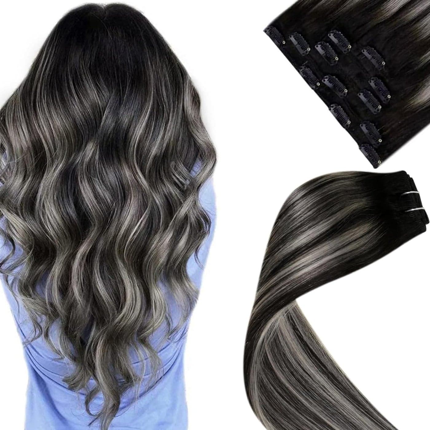 LaaVoo Human Hair Clip in Ombre Off Black to Silver Grey Hair Extensions Clip ins Black Balayage Clip in Hair Extensions Real Human Hair Short Silky Straight 12 Inch 5pcs80g
