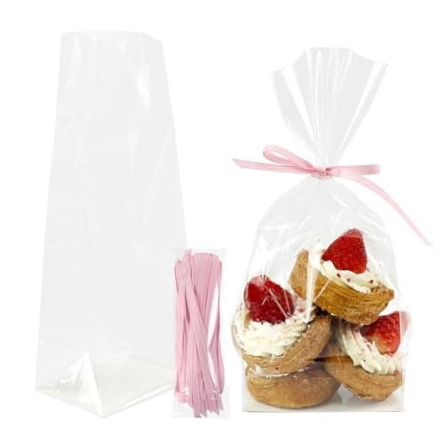 EKAPACKAGING 50Pcs 4x3x10 Inches Pink Ribbons Gusseted Cellophane Bags Flat Bottom with Paper Insert Cellophane Treat Candy Bags Clear Cookie Gifts Bags for Bakery Valentines Day Party Favors